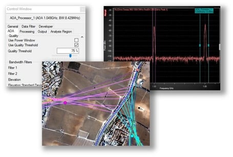 Left to right: Setting up 75% quality threshold on AOA, Map showing two targets cumulatively tracked by a single receiver, Spectrum with AOA processing windows