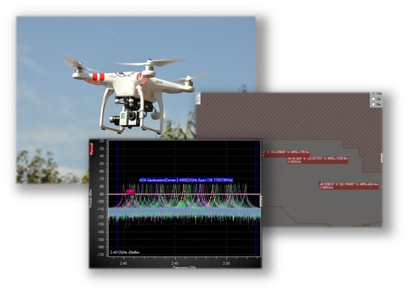 Image of a drone flying and 2 screenshots of RF data from drone detection